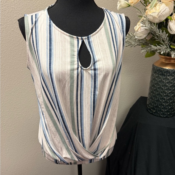 Wrapper Tops - NWT Wrapper Striped Twist Front Keyhole Tank Top Blue Green Size M